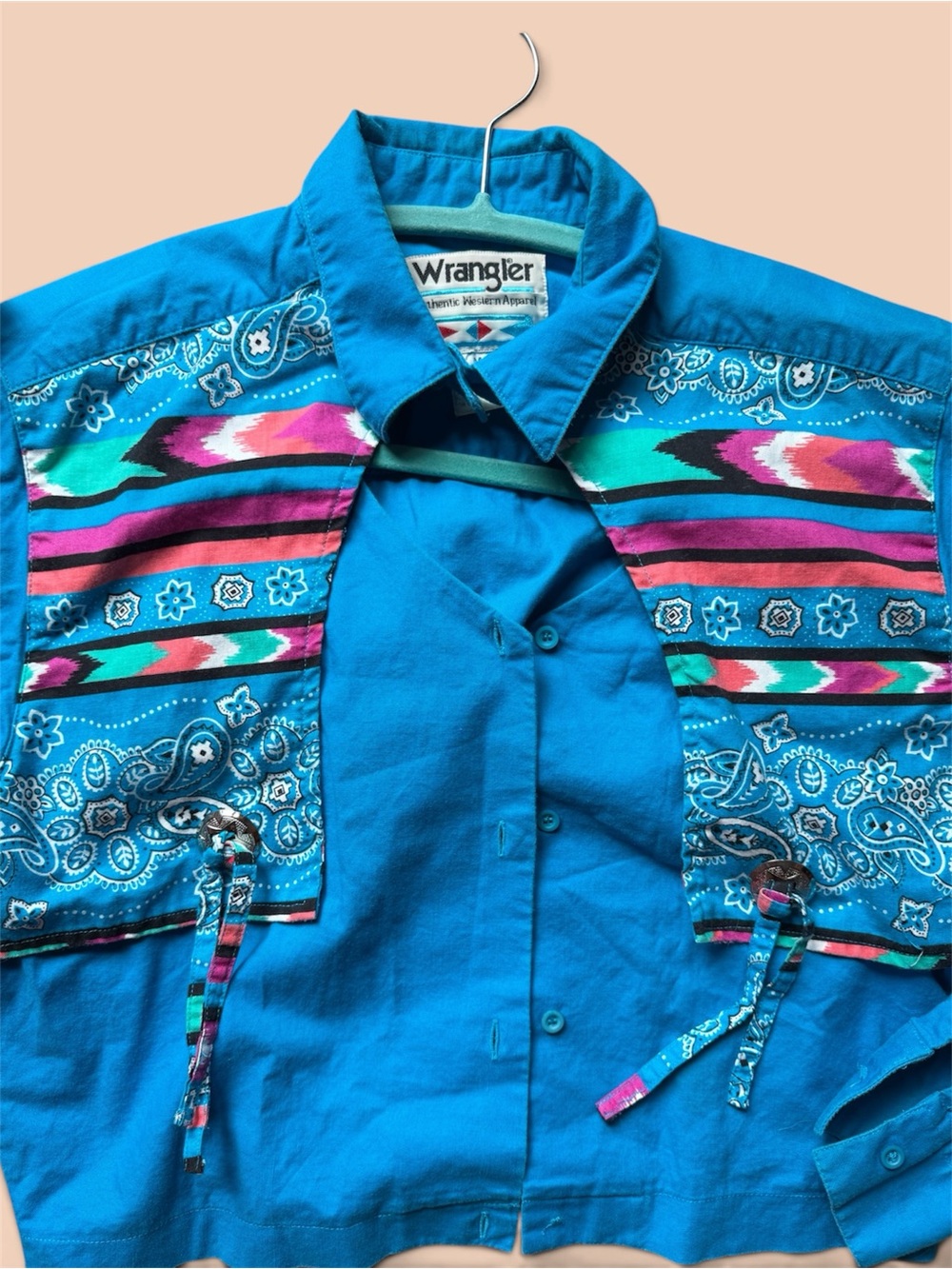 Vintage Wrangler Turquoise Patterned Western Shirt Crop Peekaboo Rodeo Cowgirl